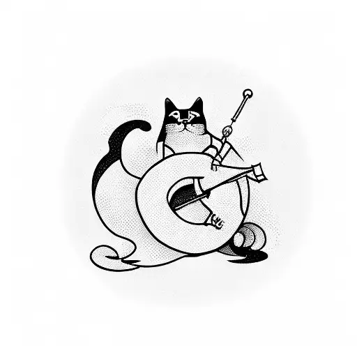 A playful design of a cat playing with a computer mouse, with a small hammer and sickle charm hanging from its collar tattoo design idea