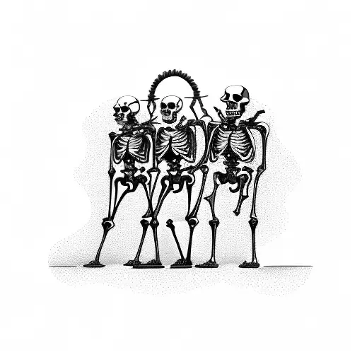 four Skeletons lead a round dance in full growth tattoo design idea