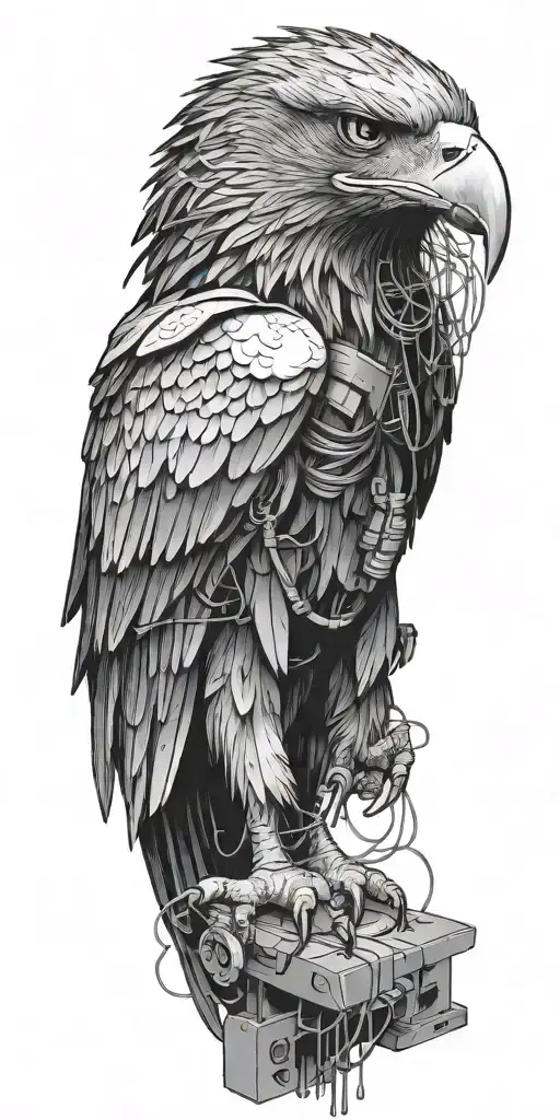 A cybernetic eagle perched on a branch, with wires and cables extending from its talons tattoo design idea
