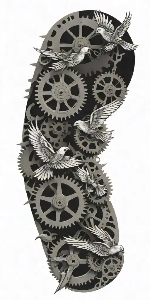 An intricate gear mechanism intertwining with a flock of birds in flight tattoo design idea