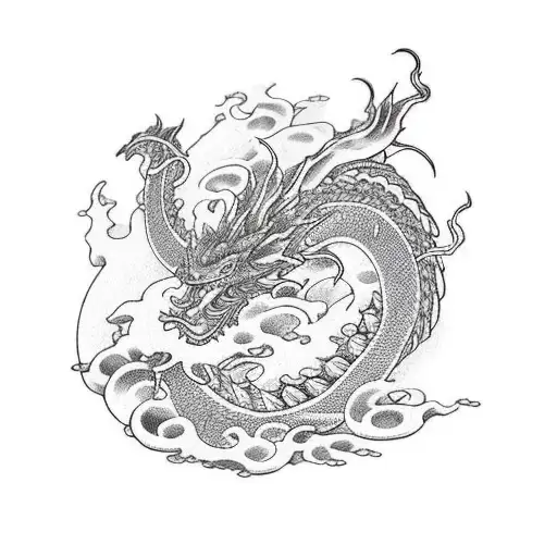 A blackwork Japanese dragon swimming through a sea of waves tattoo design idea