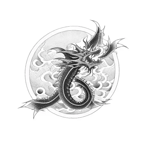 A blackwork Japanese dragon swimming through a sea of waves tattoo design idea