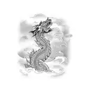 A blackwork Japanese dragon swimming through a sea of waves tattoo design idea