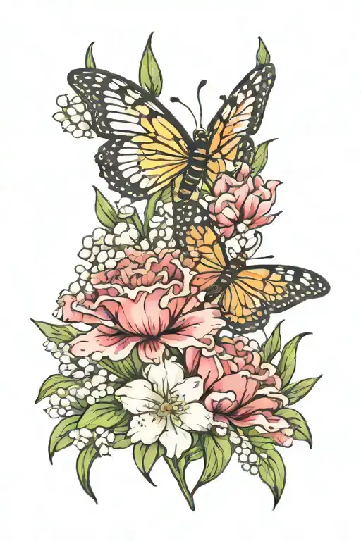 carnation, Lily of the valley flowers with butterfly and bee  tattoo design idea