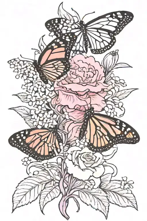 pink carnation flower, lily of the valley flower, monarch butterfly, honey bee tattoo design idea