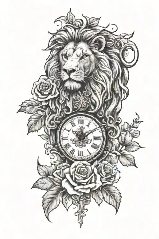 roses lion clock tattoo design idea