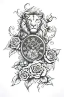roses lion clock tattoo design idea