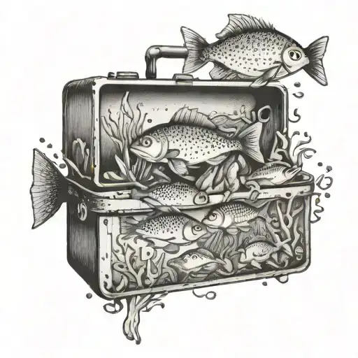 A toolbox filled with cooking utensils and ingredients, surrounded by fish swimming in an aquarium tattoo design idea