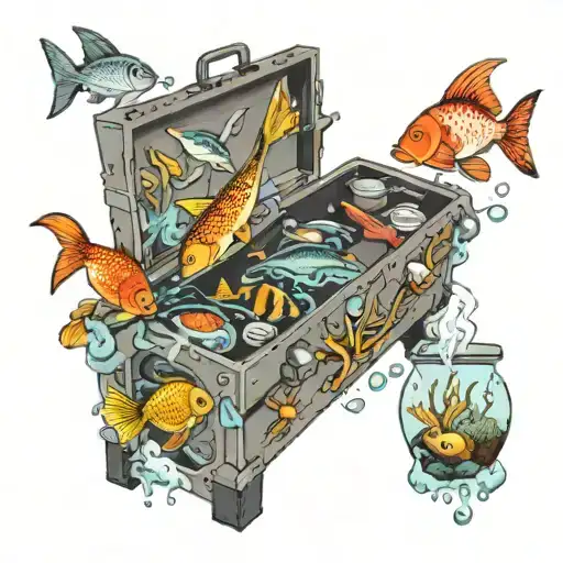 A toolbox filled with cooking utensils and ingredients, surrounded by fish swimming in an aquarium tattoo design idea