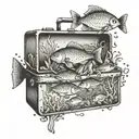 A toolbox filled with cooking utensils and ingredients, surrounded by fish swimming in an aquarium tattoo design idea