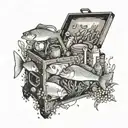 A toolbox filled with cooking utensils and ingredients, surrounded by fish swimming in an aquarium tattoo design idea
