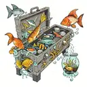 A toolbox filled with cooking utensils and ingredients, surrounded by fish swimming in an aquarium tattoo design idea