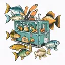 A toolbox filled with cooking utensils and ingredients, surrounded by fish swimming in an aquarium tattoo design idea