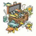 A toolbox filled with cooking utensils and ingredients, surrounded by fish swimming in an aquarium tattoo design idea
