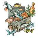 A toolbox filled with cooking utensils and ingredients, surrounded by fish swimming in an aquarium tattoo design idea