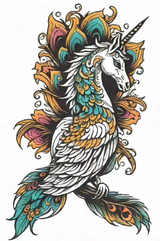 unicorn peacock feather transforming tattoo design idea