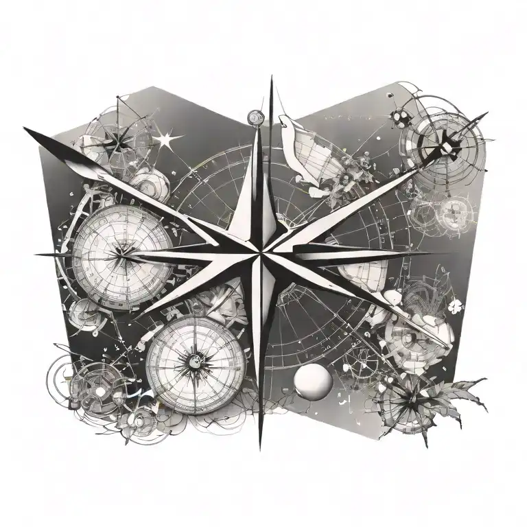 An elegant compass rose with field hockey motifs and aircraft blueprints, symbolizing your adventurous spirit and professional expertise tattoo design idea