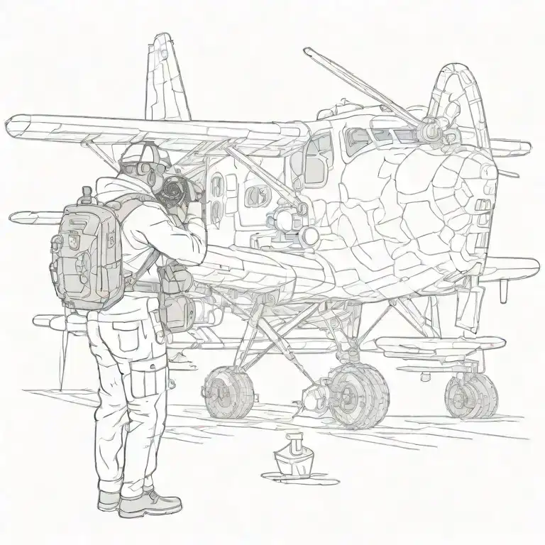 An aircraft engineer inspecting the engine of a plane with a snow leopard perched on their shoulder tattoo design idea