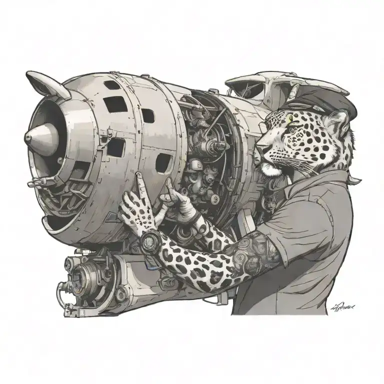 An aircraft engineer inspecting the engine of a plane with a snow leopard perched on their shoulder tattoo design idea