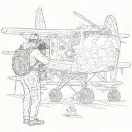 An aircraft engineer inspecting the engine of a plane with a snow leopard perched on their shoulder tattoo design idea