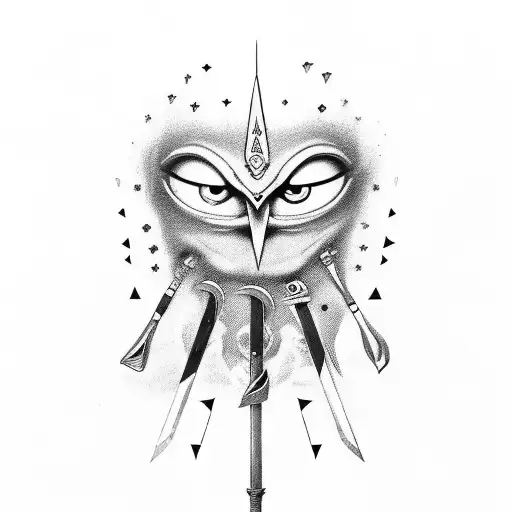 the number ''56'' with a sword going through it along with a crying eye inside 6 tattoo design idea