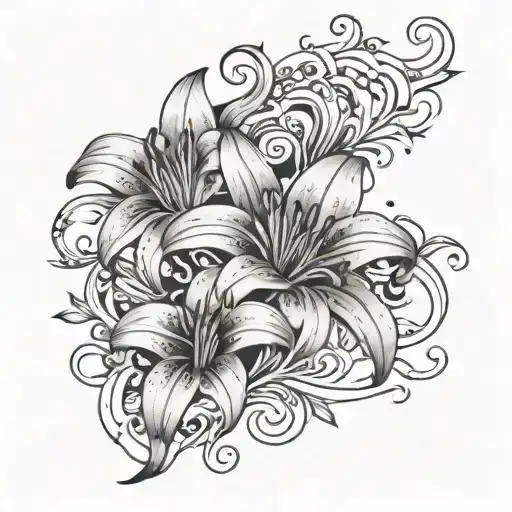 Lilies, tendrils, diamonds, leaves, pearls, tattoo design idea