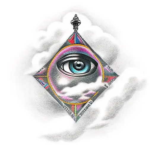A new-school tattoo featuring an all-seeing eye wearing a ski mask and surrounded by clouds tattoo design idea
