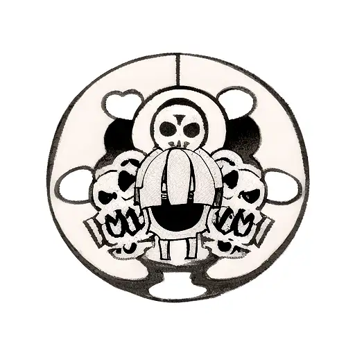 A skull head with a heart-shaped eye socket surrounded by Egyptian symbols tattoo design idea