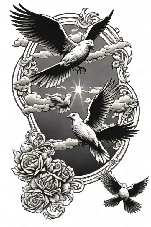 doves with clouds and sun rays shining tattoo design idea