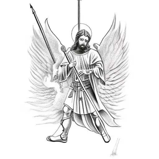 St michael the archangel killing a demon with fine line work tattoo design idea