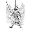 St michael the archangel killing a demon with fine line work tattoo design idea