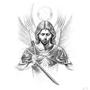 St michael the archangel killing a demon with fine line work tattoo design idea