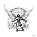 St michael the archangel killing a demon with fine line work tattoo design idea