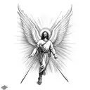 St michael the archangel killing a demon with fine line work tattoo design idea