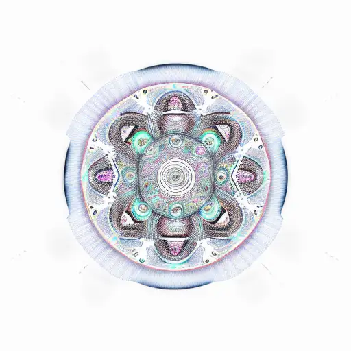 A hypnotic kaleidoscope design featuring the symbols of acid, core music, LSD, and ketamine tattoo design idea