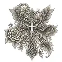 A cross adorned with intricate floral patterns and angel wings tattoo design idea