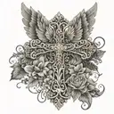 A cross adorned with intricate floral patterns and angel wings tattoo design idea