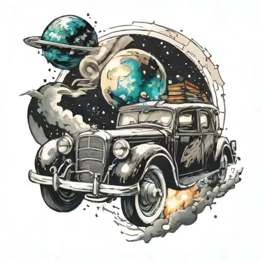 An artistic interpretation of a vintage car driving through a galaxy filled with books tattoo design idea