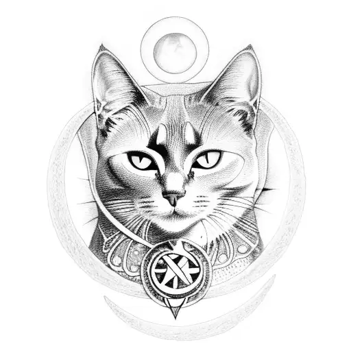 A mystical black cat with a moon and Wicca symbols tattoo design idea