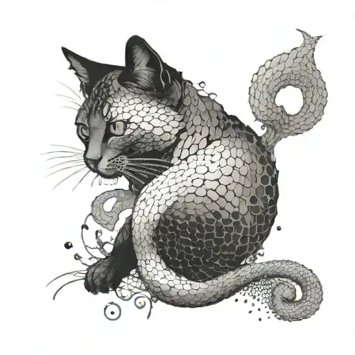 A microscopic view of cat cells intertwined with fish scales tattoo design idea