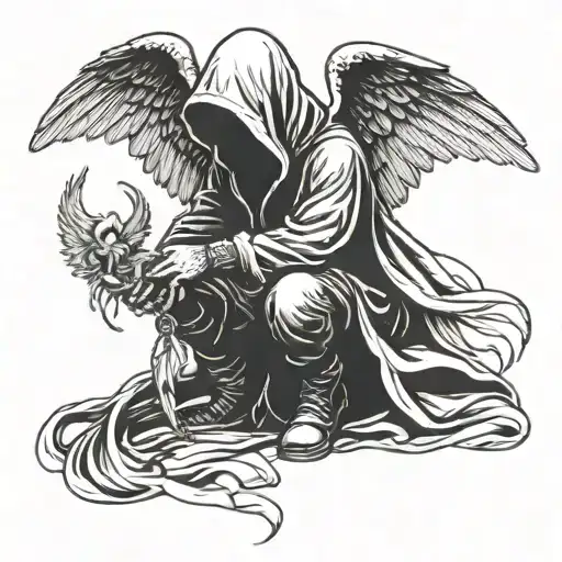 hooded figure with angel wing kneeling   tattoo design idea