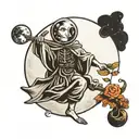 moon with stick figure looking forward tattoo design idea