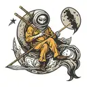 moon with stick figure looking forward tattoo design idea