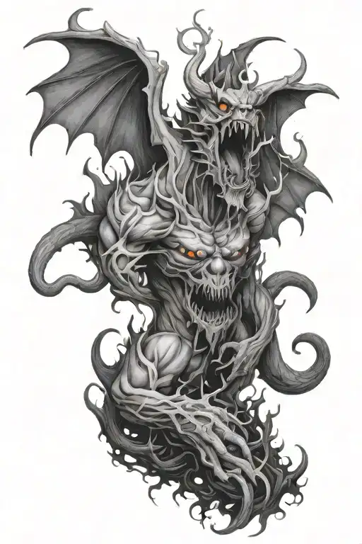 fire breathing demon with forest background black and white tattoo design idea