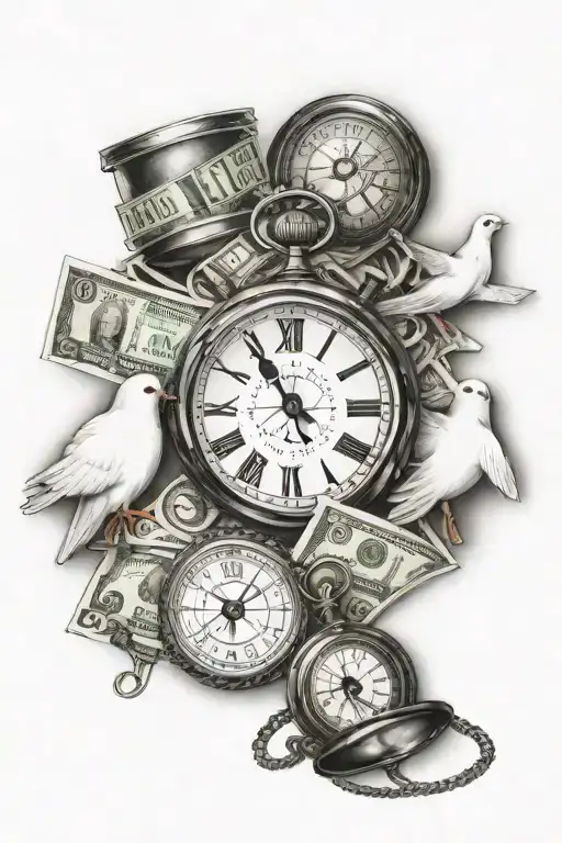 Three dice, a roll of 100 dollar bills, broken pocket watch, 1 white dove, 1 compass with an only god ribbon tattoo design idea