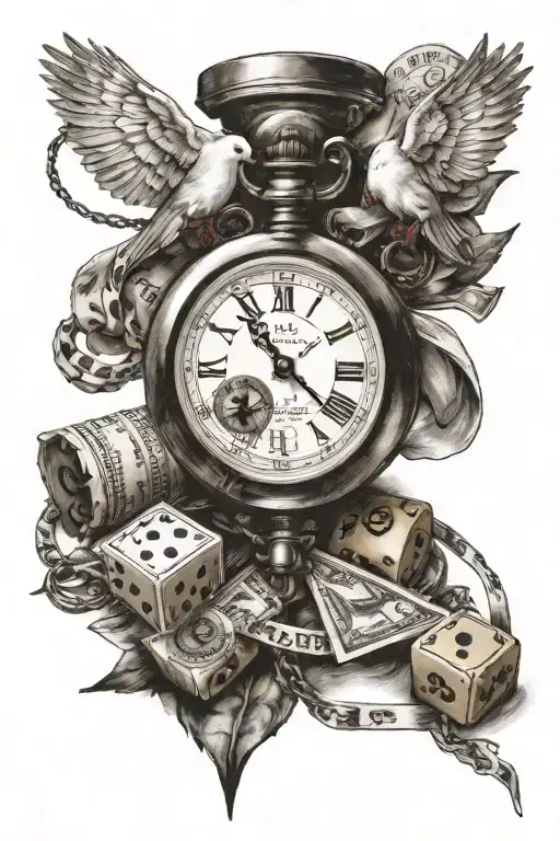 Three dice, a roll of 100 dollar bills, broken pocket watch, 1 white dove, 1 compass with an only god ribbon tattoo design idea