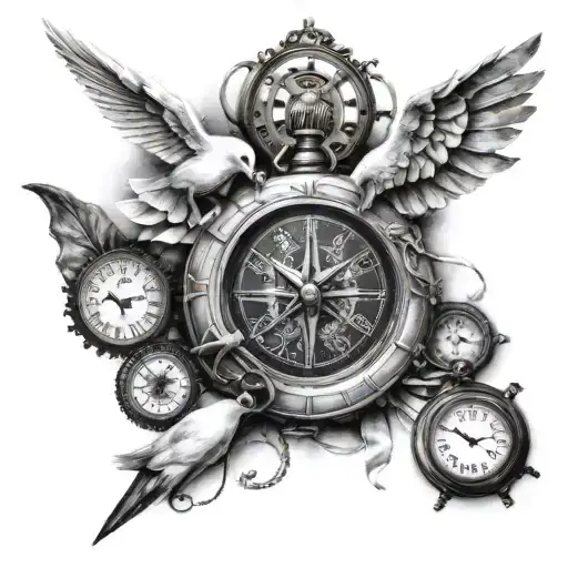 3 dice, a letter, roll of notes, broken pocket watch, white dove, a compass with a ribbon only god can judge tattoo design idea