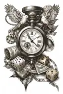 Three dice, a roll of 100 dollar bills, broken pocket watch, 1 white dove, 1 compass with an only god ribbon tattoo design idea
