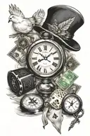 Three dice, a roll of 100 dollar bills, broken pocket watch, 1 white dove, 1 compass with an only god ribbon tattoo design idea