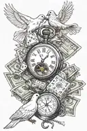 Three dice, a roll of 100 dollar bills, broken pocket watch, 1 white dove, 1 compass with an only god ribbon tattoo design idea